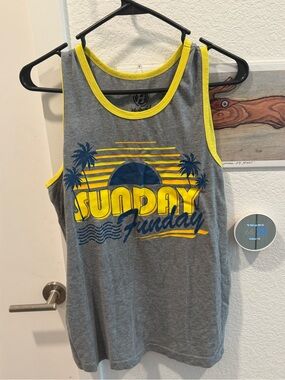 Hybrid & company Grey Tank with Yellow Trim and Navy Graphic